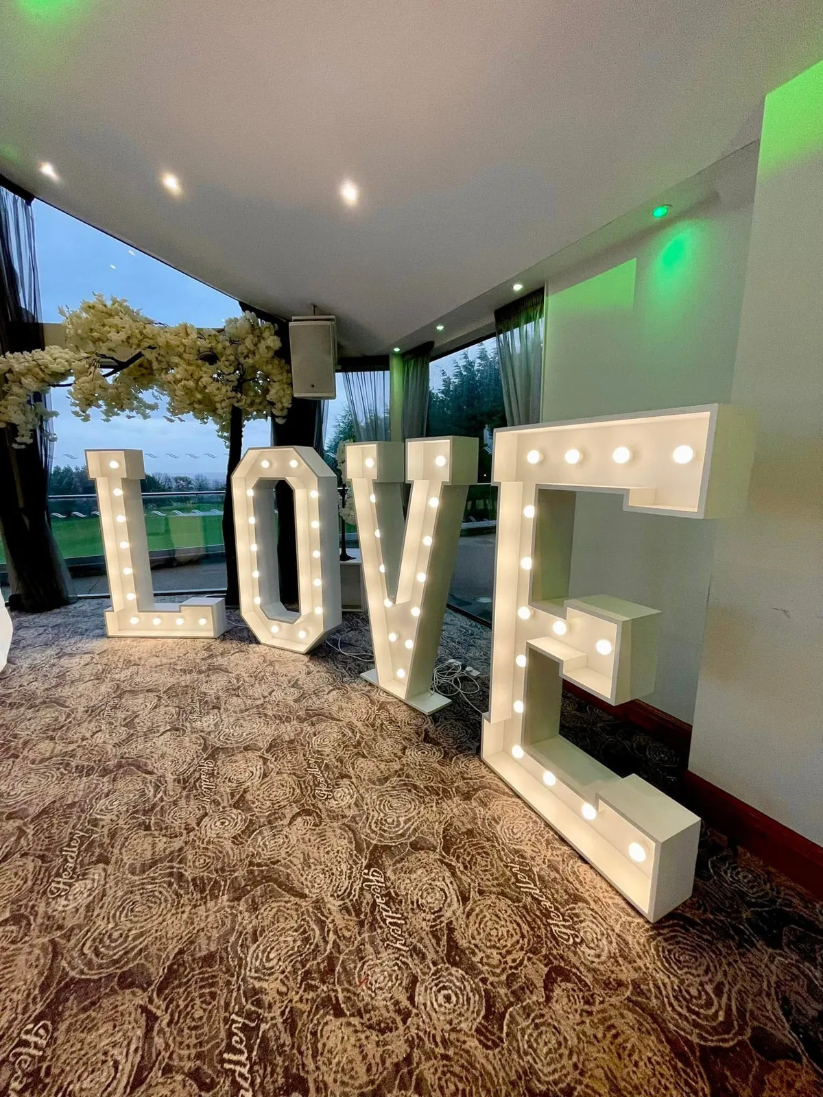 Illuminated LOVE letters close-up